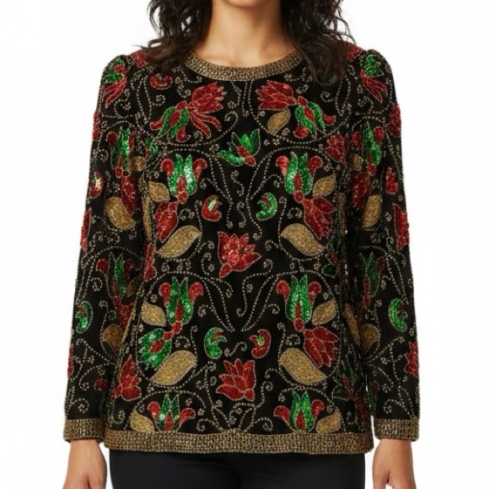 Vintage Joan Leslie Evenings 100% Silk Beaded & Sequins Blouse